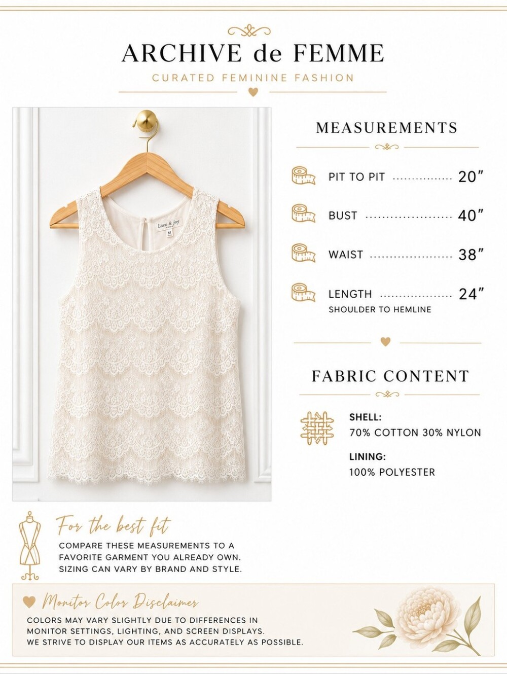 Faith & Joy Ivory Lined Lace Sleeveless Blouse Size XL | Romantic Feminine Top - Picture 8 of 10